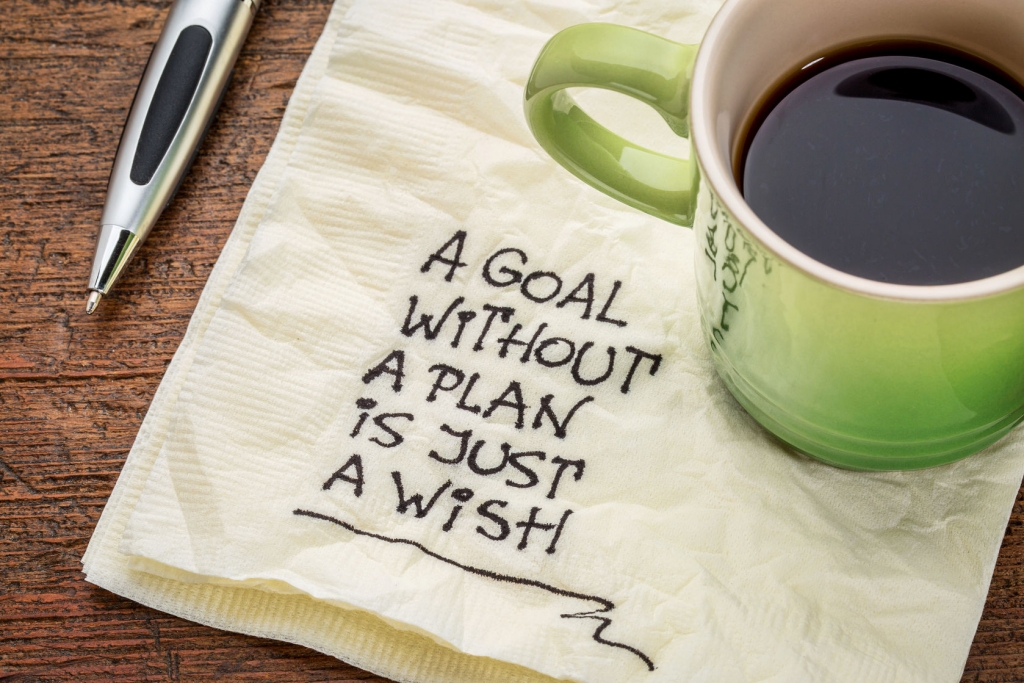 40364771 - a goal without a plan is just a wish - motivational handwriting on a napkin with a cup of coffee